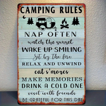 CIFbuy 复古露营规则金属标牌乡村风小木屋房车房间墙面壁挂装饰（TikTok、temu 下自提）