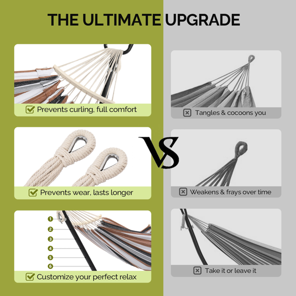 268*107*102CM 带轮羊角架 黑底+咖啡条床面 吊床套装 440lb 配2个木头梳子&600D牛津布收纳袋-2