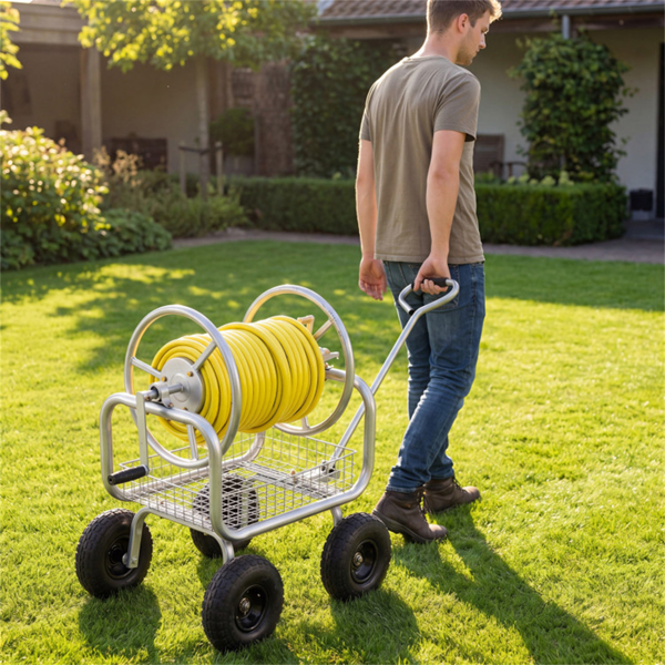 重型花园软管卷盘车，带10英寸气动轮，大容量软管卷取机，带储物篮和黄铜配件 -  银色-9