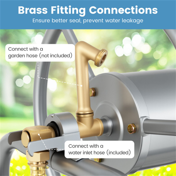 重型花园软管卷盘车，带10英寸气动轮，大容量软管卷取机，带储物篮和黄铜配件 -  银色-6