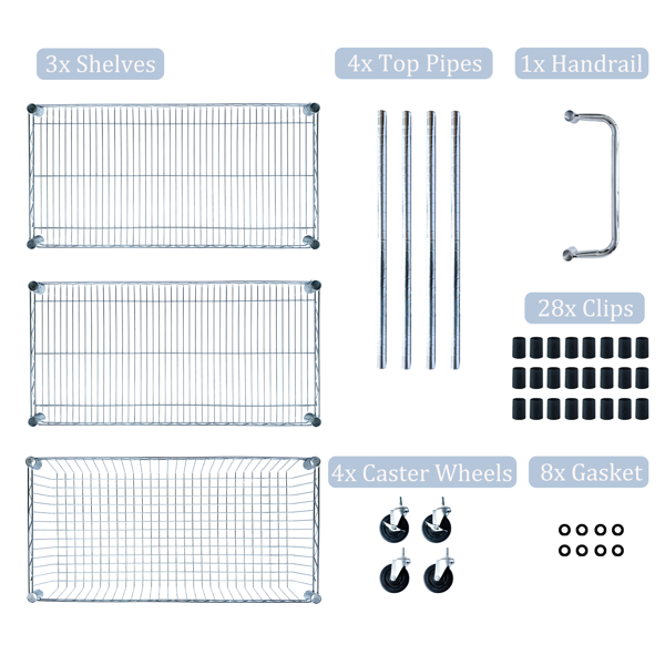 重型滚动式多用途推车，三层带轮推车，带把手和层板衬垫，36英寸x18英寸x32英寸储物推车，适用于厨房、餐厅、植物展示，镀铬--不支持self-pick up且不支持指定仓库发货-6