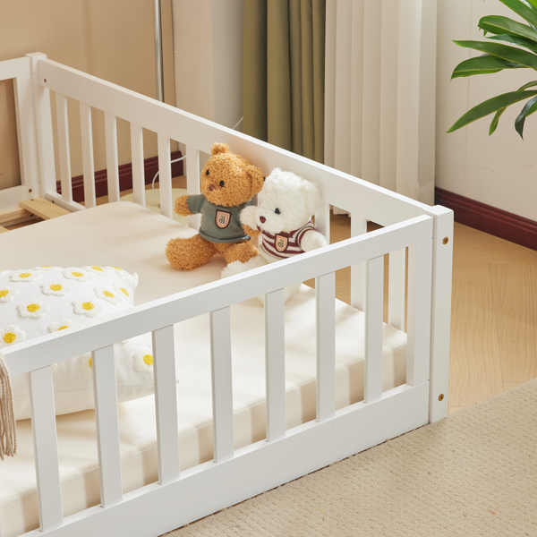 白色 油漆面 松木 围栏床 带门 带铺板 Full 儿童木床-8