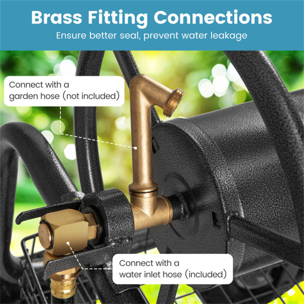 重型花园软管卷盘车，带10英寸气动轮，大容量软管卷取机，带储物篮和黄铜配件 -  灰色-7