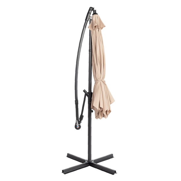 10FT 卡其色 香蕉伞 圆形  太阳伞 涤纶布 6铁伞骨 铁直杆弯杆 带立柱脚筒 十字底座-6