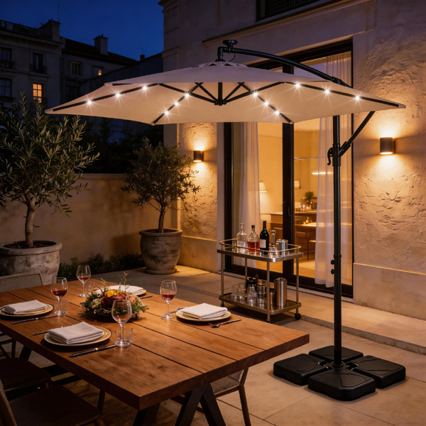 10FT 卡其色 香蕉伞 圆形 太阳伞 涤纶布 6铁伞骨 铁直杆弯杆 带立柱脚筒 十字底座 带18灯珠-29