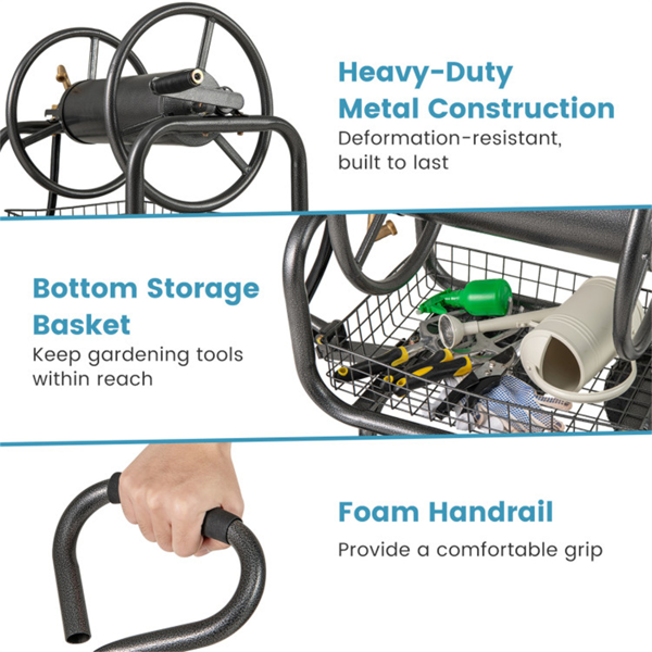 重型花园软管卷盘车，带10英寸气动轮，大容量软管卷取机，带储物篮和黄铜配件 -  灰色-4