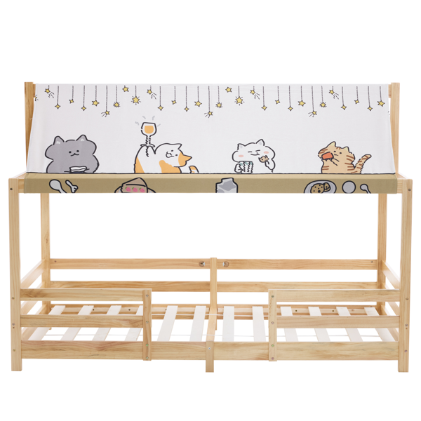 原木色 油漆面 松木 带布蓬屋顶造型 205*95*141cm 儿童木床-16