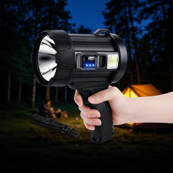 可充电聚光灯，超亮聚光手电筒，长续航聚光探照灯，户外手持LED手电筒，高流明，带太阳能电池板，适用于狩猎、露营、划船等活动。-10