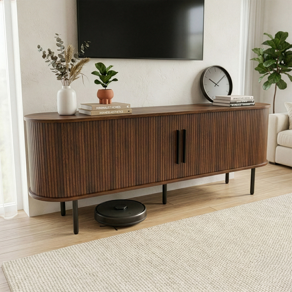 胡桃色 浮雕 刨花板 椭圆台面 147*35*58cm 推拉格栅门 电视柜-3