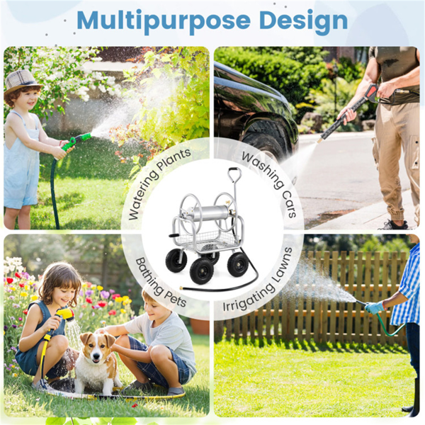 重型花园软管卷盘车，带10英寸气动轮，大容量软管卷取机，带储物篮和黄铜配件 -  银色-12