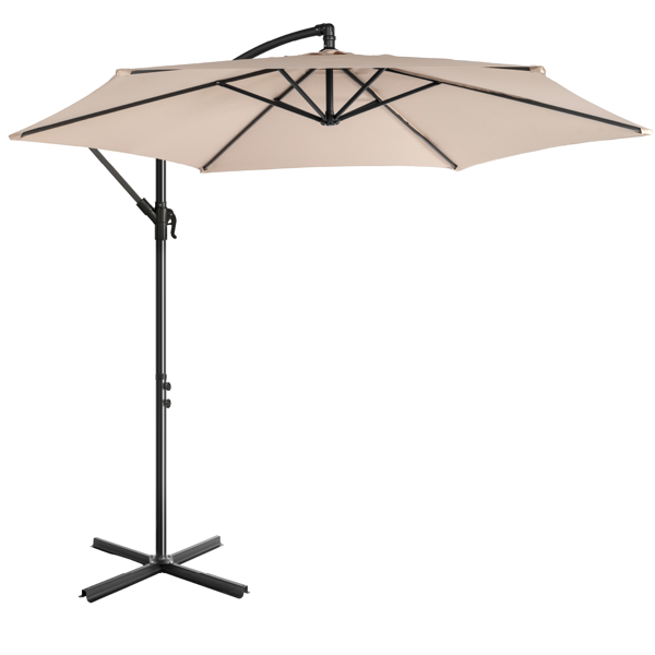 10FT 卡其色 香蕉伞 圆形  太阳伞 涤纶布 6铁伞骨 铁直杆弯杆 带立柱脚筒 十字底座-3