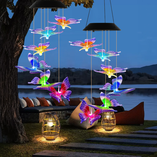 （自提可发加拿大，temu&tk下自提单）2件装户外太阳能风铃，太阳能蝴蝶风铃，变色LED风铃灯，IPX4级防水，适用于花园、露台和阳台的户外悬挂装饰-2