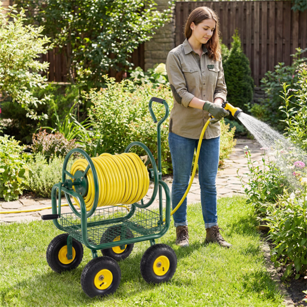 重型花园软管卷盘车，带10英寸气动轮，大容量软管卷取机，带储物篮和黄铜配件 -  绿色-2