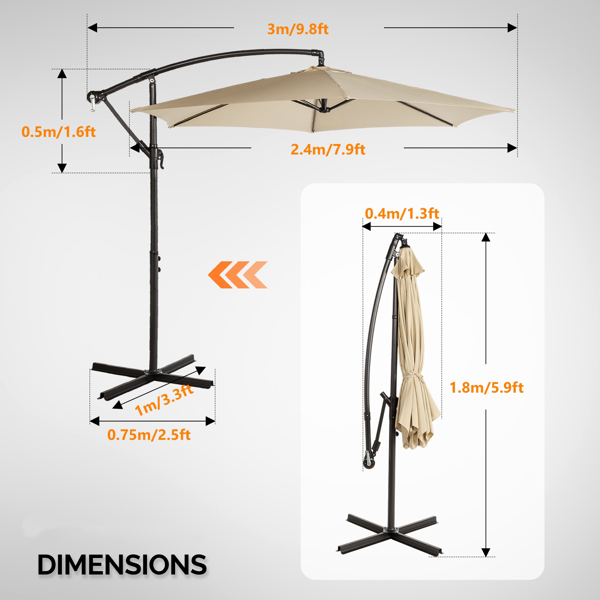 10FT 卡其色 香蕉伞 圆形  太阳伞 涤纶布 6铁伞骨 铁直杆弯杆 带立柱脚筒 十字底座-13