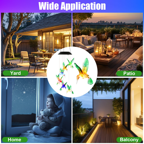 （自提可发加拿大，temu&tk下自提单）蜂鸟造型太阳能风铃，带变色LED灯，防水太阳能风铃，适用于户外花园、露台、阳台及门廊家居装饰，是送给妈妈和女性的圣诞节理想礼物-2pcs-3