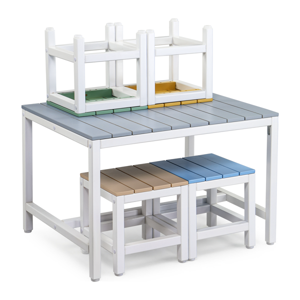 5pcs 1pc桌子+4pcs凳子 29.5in 蓝卡其浅橙蓝绿拼色 儿童庭院桌椅套装 杨木-4