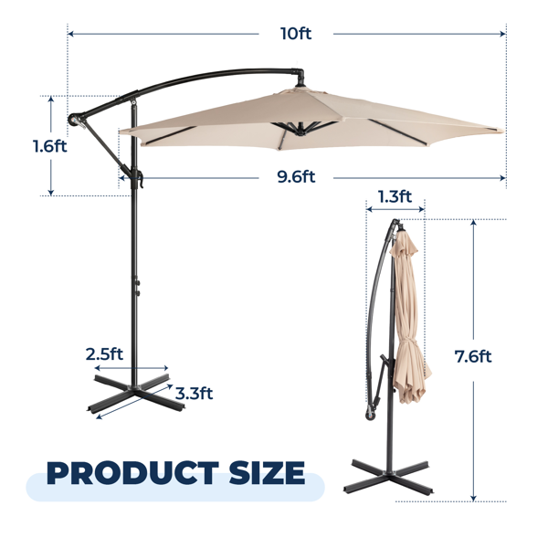 10FT 卡其色 香蕉伞 圆形  太阳伞 涤纶布 6铁伞骨 铁直杆弯杆 带立柱脚筒 十字底座-14