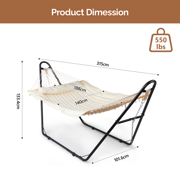 315*104*128CM 大双杆  米白色床面+黑色架子 吊床套装 440lb 底部网兜双层夹棉床面-5