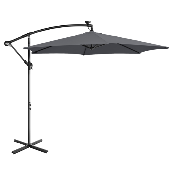 10FT  灰色 香蕉伞 圆形 太阳伞 涤纶布 6铁伞骨 铁直杆弯杆 带立柱脚筒 十字底座 带18灯珠-4