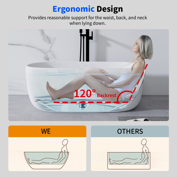 51英寸哑光人造石浴缸，独立式人造石树脂浴缸，哑光白色人造石浸泡浴缸，带溢流口和弹出式排水口的独立式浴缸，哑光白-8