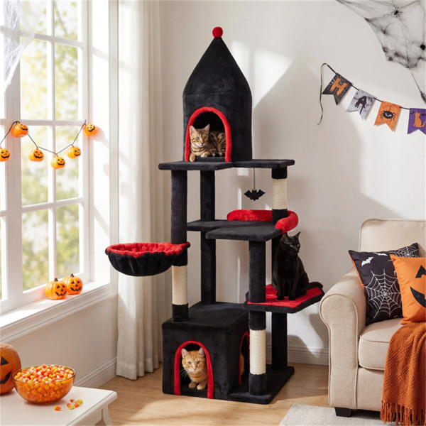 哥特式5层猫树63“高，剑麻抓柱黑红猫塔-2