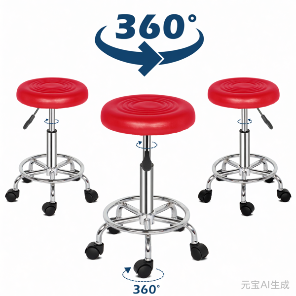 半PU皮 SGS认证气杠 尼龙轮 150kg 红色 技师凳 圆形坐垫 哈哈脚-4