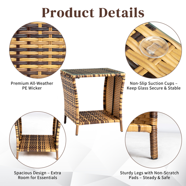 【替换旧编码：21936583】46*46*49.5cm 矩形双层 玻璃桌面 黄色渐变 编藤边桌-3