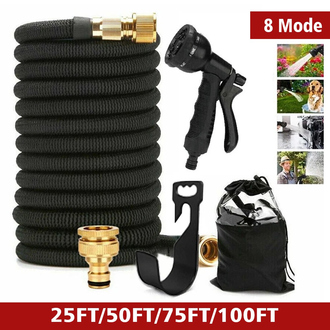 25-100FT Expandable Hose With 8 Spray Patterns & Zinc Alloy Nozzle, Heavy Duty Triple Layer Latex Garden Water Pipe_voghion.com
