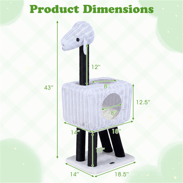 14×18.5×43" Lamb-Shaped Cat Tree with Rattan Condo & Sisal Scratching Posts Indoor Cat Tower-5