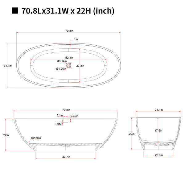 70.8英寸哑光人造石浴缸，独立式人造石树脂浴缸，哑光白色人造石浸泡浴缸，带溢流口和弹出式排水口的独立式浴缸-8