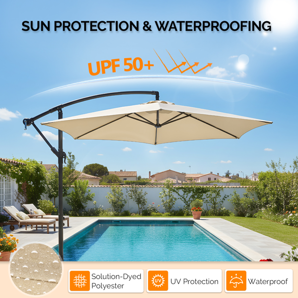 10FT 卡其色 香蕉伞 圆形  太阳伞 涤纶布 6铁伞骨 铁直杆弯杆 带立柱脚筒 十字底座-16