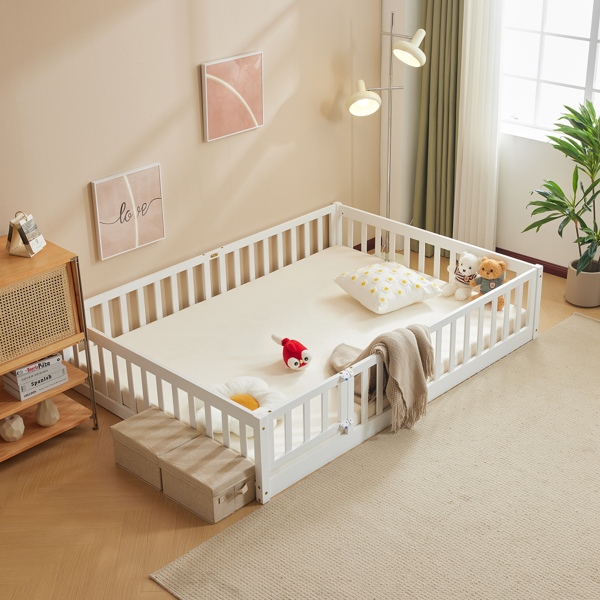 白色 油漆面 松木 围栏床 带门 带铺板 Full 儿童木床-10