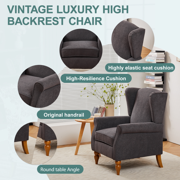 复古奢华风格咖啡桌椅套装，包含一张高背阅读椅（仿古深灰色）和一张实木咖啡桌（原木色），适合客厅和卧室休闲区。-11