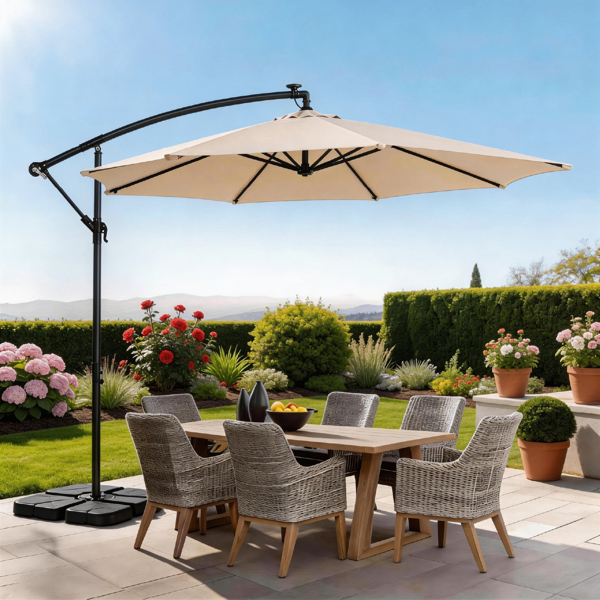 10FT 卡其色 香蕉伞 圆形 太阳伞 涤纶布 6铁伞骨 铁直杆弯杆 带立柱脚筒 十字底座 带18灯珠-27