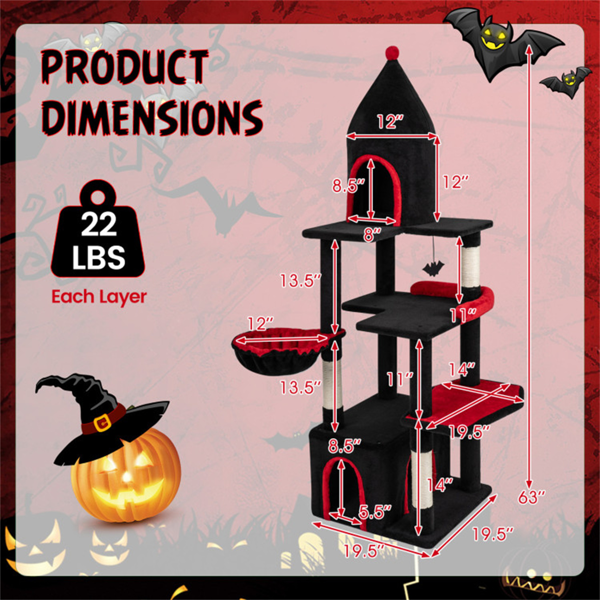 哥特式5层猫树63“高，剑麻抓柱黑红猫塔-6