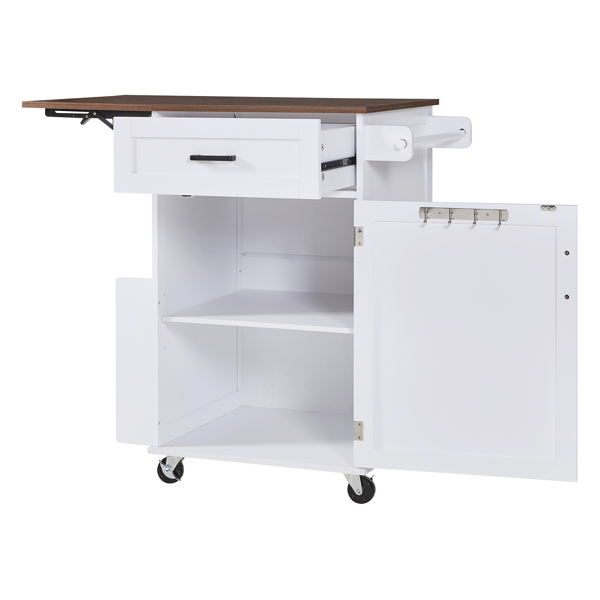 39.3英寸乡村风厨房岛台（带折叠延伸板）——厨房收纳岛车，配有侧边开放式置物架、抽屉、毛巾架及带锁滚轮；适用于厨房、庭院及花园，白色-12