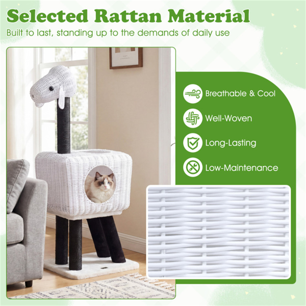 14×18.5×43" Lamb-Shaped Cat Tree with Rattan Condo & Sisal Scratching Posts Indoor Cat Tower-6