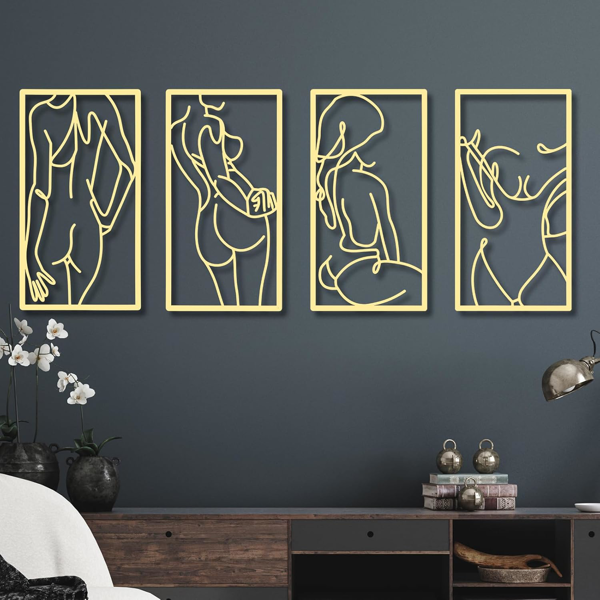 CIFbuy 4 件金属墙饰装饰极简抽象女性墙饰线条画金属线条艺术家居挂饰装饰适用于卧室厨房浴室客厅（现代风格，金色）（TikTok，temu 自提服务）-3