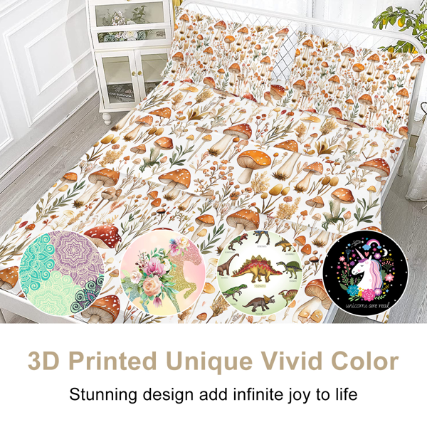 自产组合（床单+床笠+枕套四件套侧边印花））白点红蘑菇 美国加大号（temu仅可自提）-5