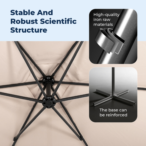 10FT 卡其色 香蕉伞 圆形  太阳伞 涤纶布 6铁伞骨 铁直杆弯杆 带立柱脚筒 十字底座-15