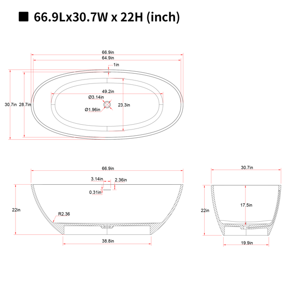 66.9英寸哑光人造石浴缸，独立式人造石树脂浴缸，哑光白色人造石浸泡浴缸，带溢流口和弹出式排水口的独立式浴缸-8