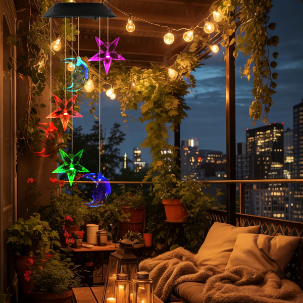 （自提可发加拿大，temu&tk下自提单）户外太阳能风铃，月亮与星星变色LED灯，适用于露台、花园和庭院的防水悬挂装饰，完美礼物-2PCS-10