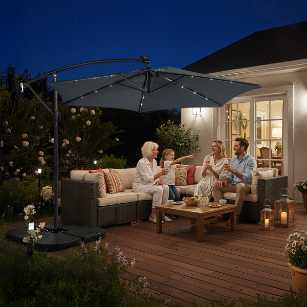 10FT  灰色 香蕉伞 圆形 太阳伞 涤纶布 6铁伞骨 铁直杆弯杆 带立柱脚筒 十字底座 带18灯珠-33