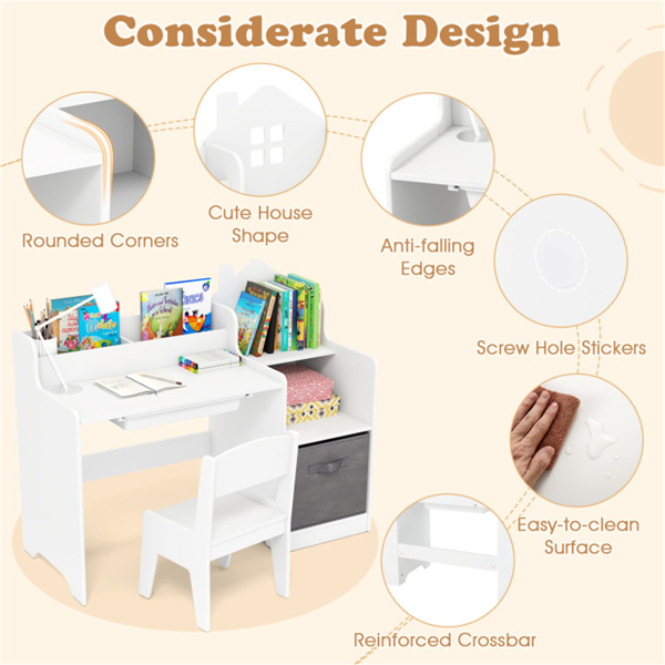 儿童桌椅套装，带储物抽屉，适用于游戏室卧室的房屋形书桌- 白色-11