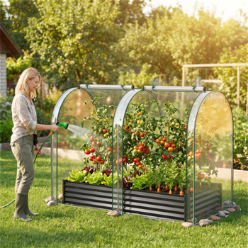 三合一高架花园床，带温室盖130加仑镀锌金属花盆箱 - 黑色