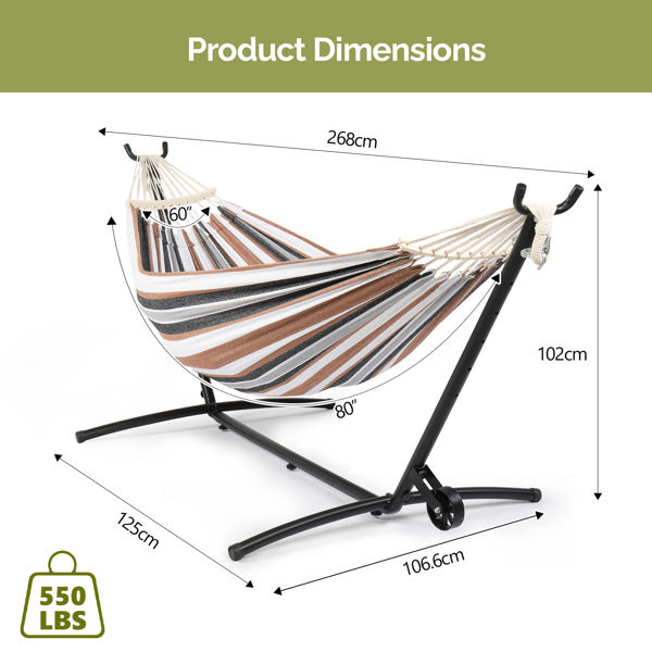 268*107*102CM 带轮羊角架 黑底+咖啡条床面 吊床套装 440lb 配2个木头梳子&600D牛津布收纳袋-4