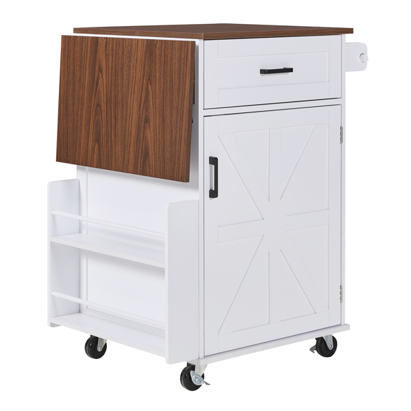 39.3英寸乡村风厨房岛台（带折叠延伸板）——厨房收纳岛车，配有侧边开放式置物架、抽屉、毛巾架及带锁滚轮；适用于厨房、庭院及花园，白色-22