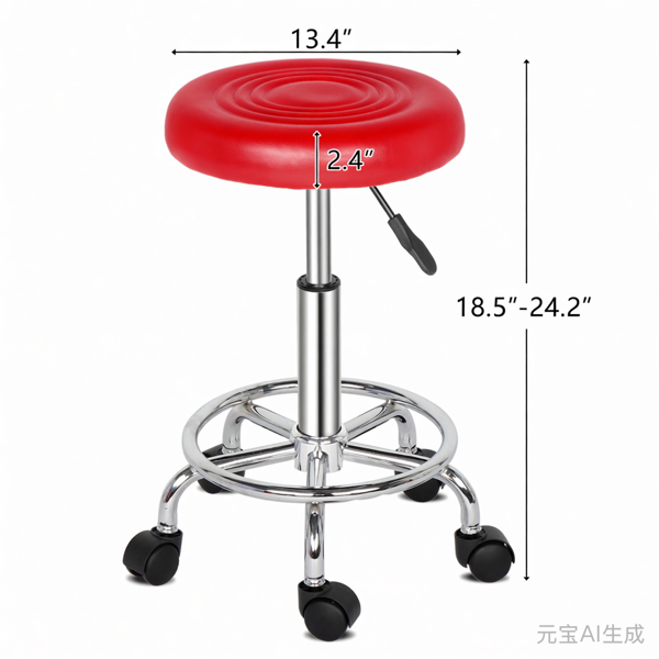 半PU皮 SGS认证气杠 尼龙轮 150kg 红色 技师凳 圆形坐垫 哈哈脚-3