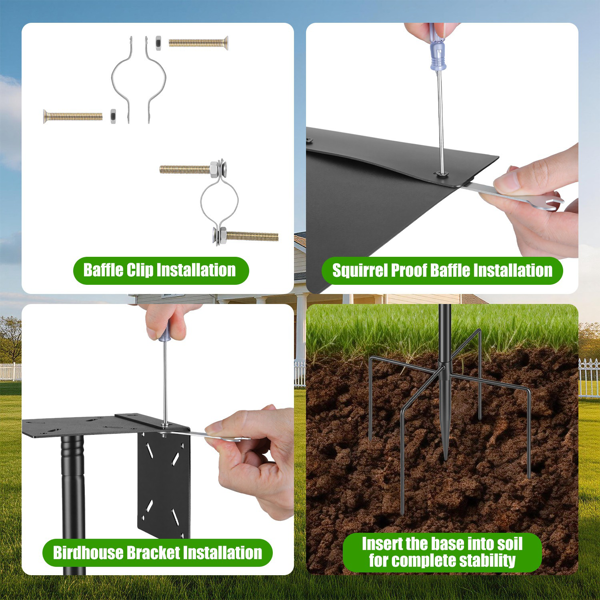 （自提可发加拿大，temu&tk下自提单）带松鼠防护装置的喂鸟架，五爪底座重型喂鸟架，32“-94” 可调节高度喂鸟站，配有4个牧羊钩，适用于户外花园庭院-10