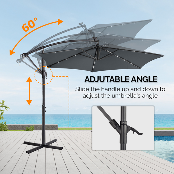 10FT  灰色 香蕉伞 圆形 太阳伞 涤纶布 6铁伞骨 铁直杆弯杆 带立柱脚筒 十字底座 带18灯珠-23